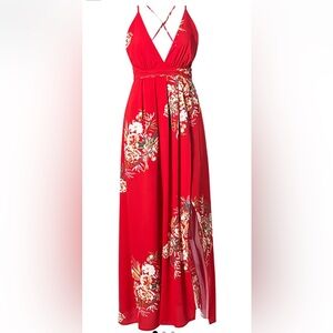 TROPICAL FLORAL SLEEVELESS SPAGHETTI STRAP V NECK X BACK SLIT  MAXI DRESS SZ M
